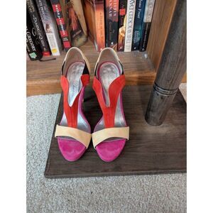 Joan Oloff Women's 38.5 US 8.5 Pink Red Peep Open Toe Pumps Heels Leather Italy